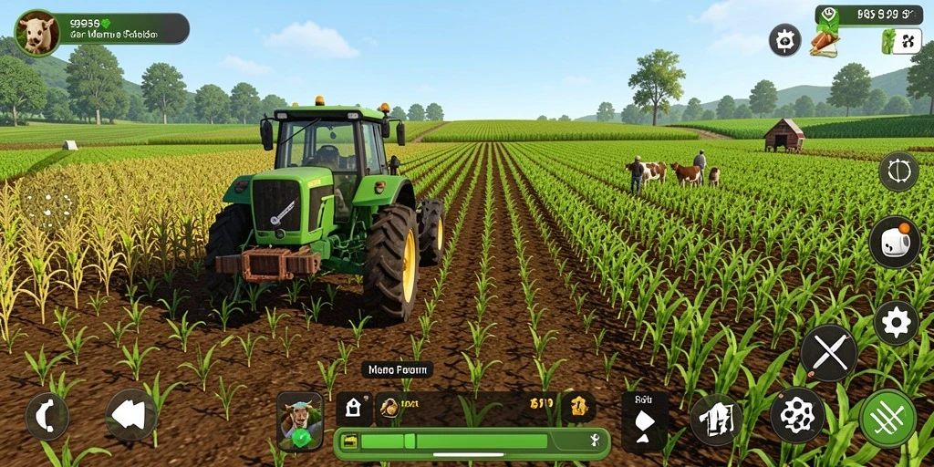Screenshot gameplay 9939 menunjukkan kebun yang subur dan aktivitas bertani.