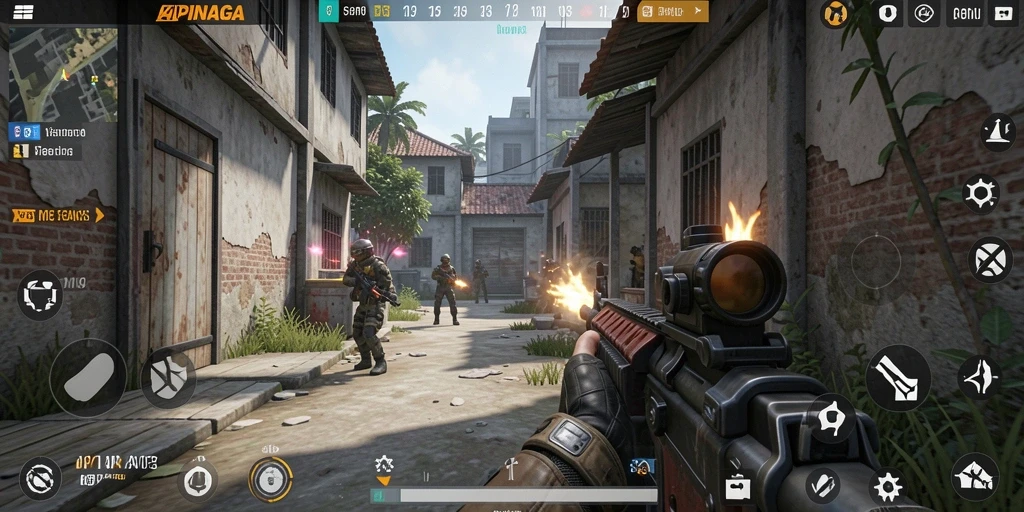 Gameplay APINAGA dengan aksi menembak yang intens.