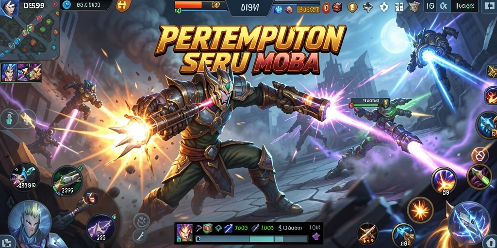 Screenshot gameplay DS99 menampilkan pertarungan karakter MOBA yang intens.