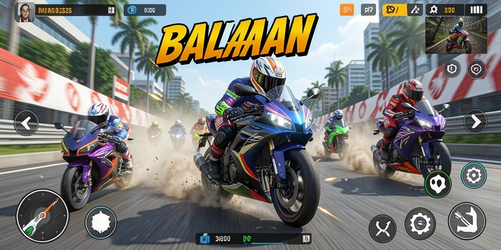 Screenshot utama PP7 menggambarkan aksi balapan motor yang mendebarkan.