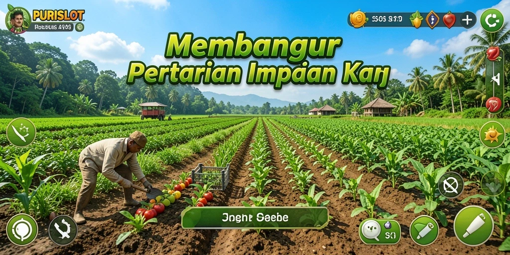 Tangkapan layar gameplay PURISLOT menampilkan ladang yang subur dan interaksi petani yang aktif.