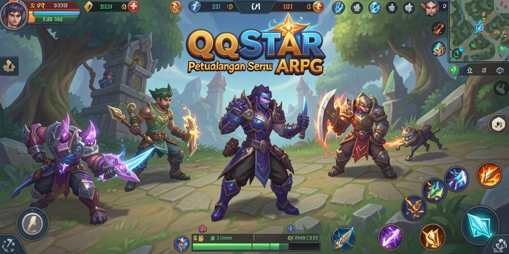 Tangkapan layar utama QQSTAR menampilkan aksion seru dalam pertarungan ARPG.